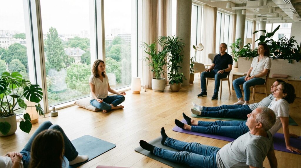 Mélina Jobin, sophrologue à Bordeaux, proposant des exercices de relaxation, en entreprise